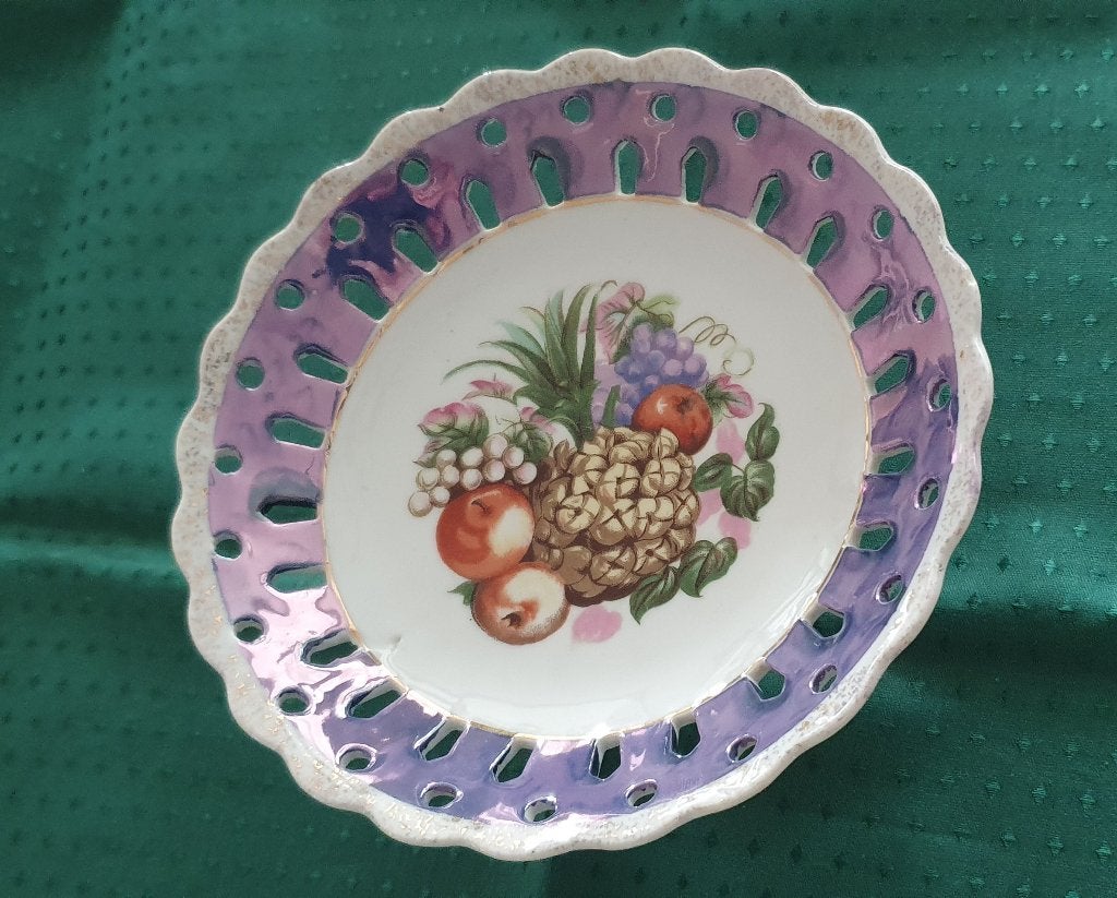 Vintage Ucagco Japan Lusterware voetstuk schaal fruitmotief, Antiek en Kunst, Ophalen of Verzenden