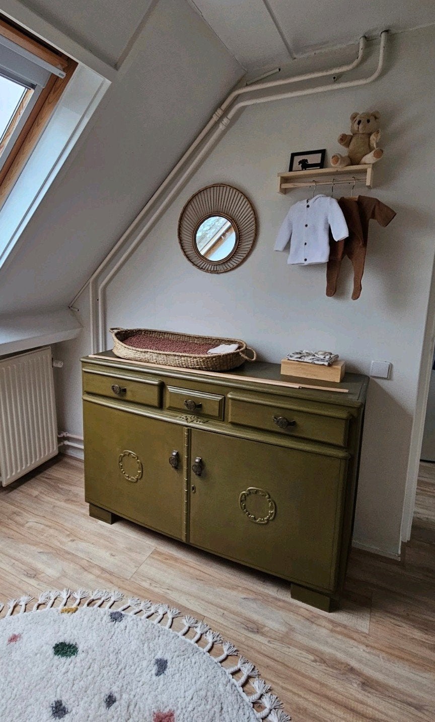 Vintage dressoir/commode in olijfgroen, Ophalen, Gebruikt, 50 tot 70 cm, 100 cm of meer