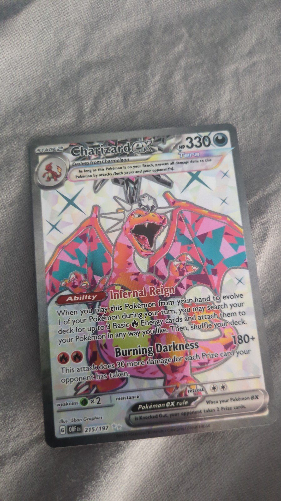 Charizard ex Tera Pokémon kaart (Obsidian Flames 215/197), Ophalen of Verzenden, Zo goed als nieuw, Losse kaart, Foil