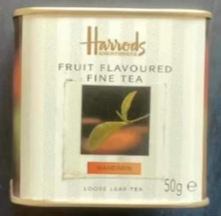 Vierkant blik Harrods; fruit flavoured fine tea, Ophalen of Verzenden, Zo goed als nieuw, Thee