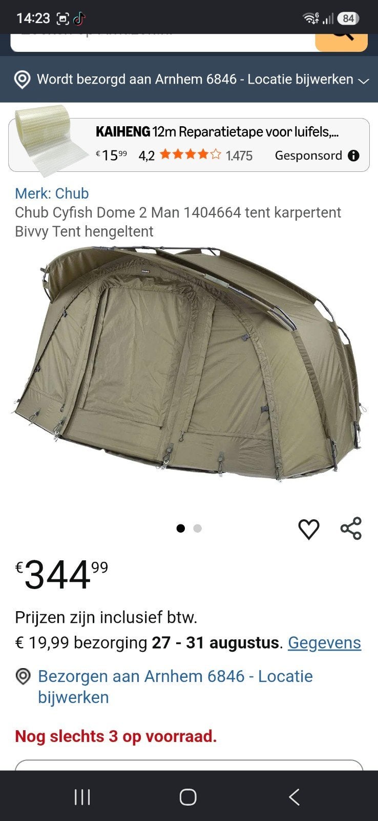 Chub Cyfish Dome 2 Man Karpertent Bivvy Tent, Ophalen, Gebruikt, Overige typen
