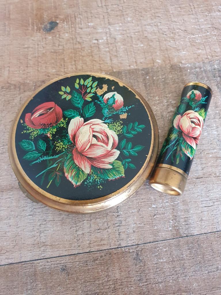 Vintage Poederdoosje & Lippenstift Houder met Rozen, Ophalen of Verzenden