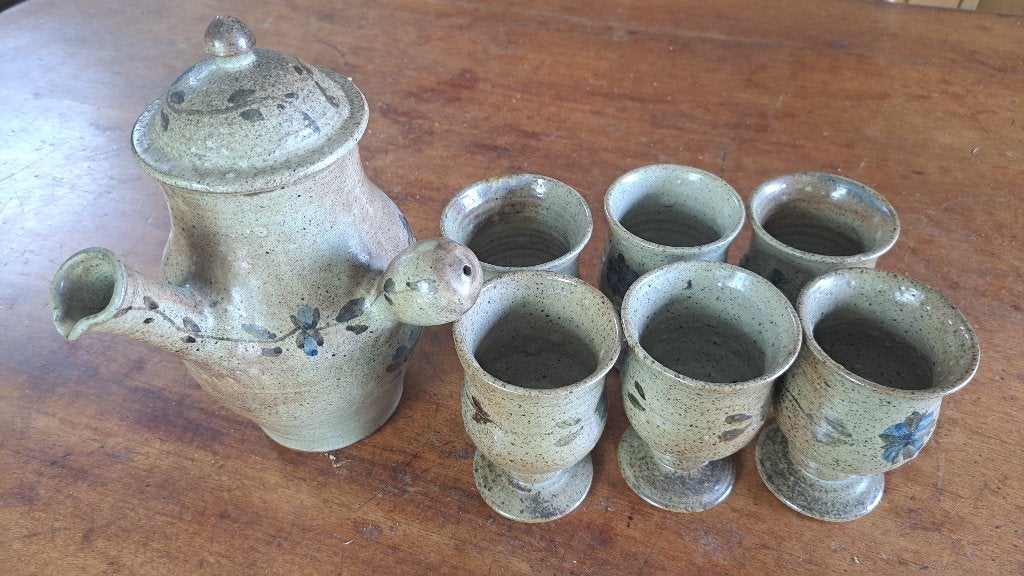 Franse vintage gres kan (picher,broc)+ 6 bekers, Ophalen of Verzenden