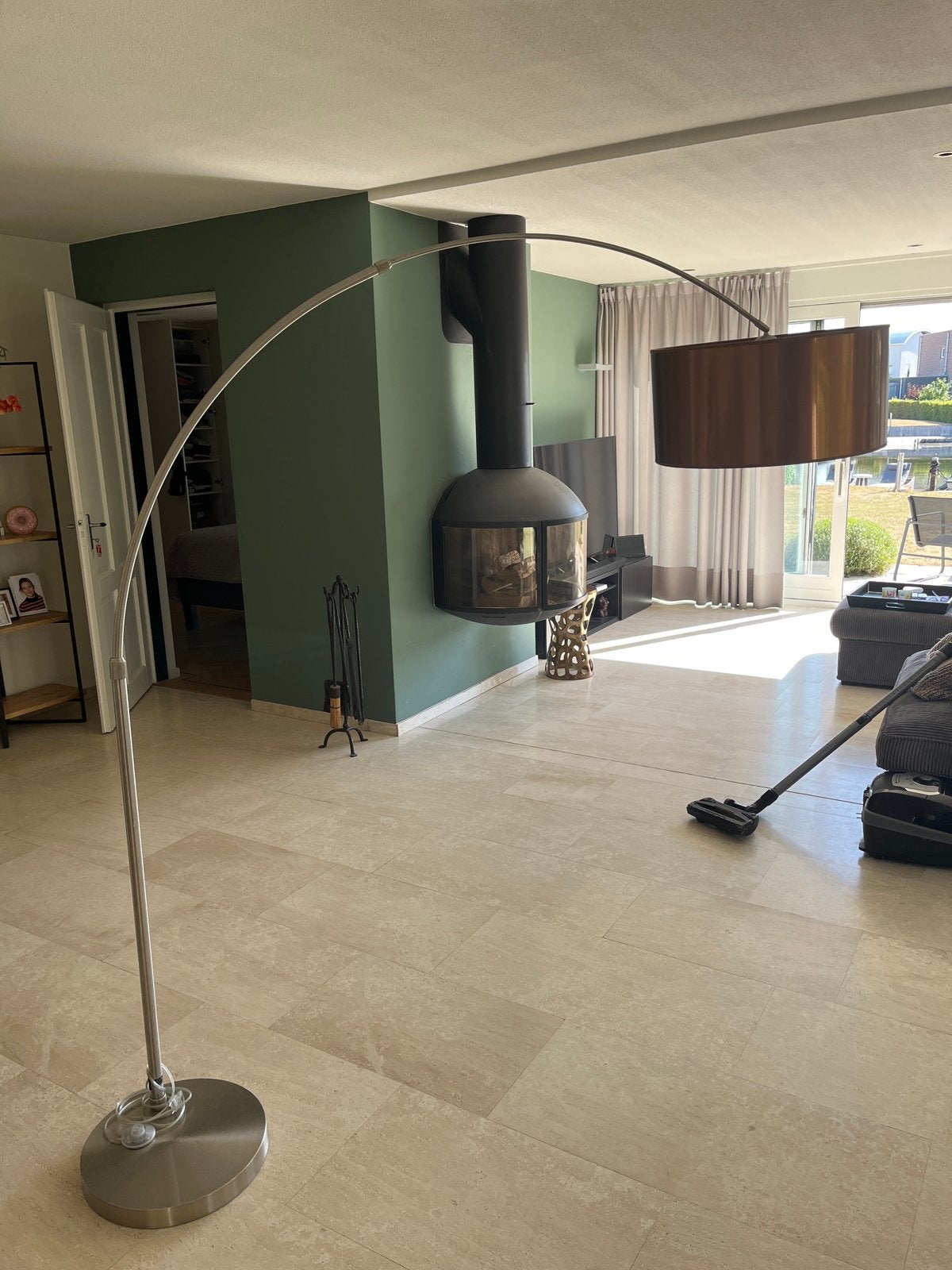 Moderne booglamp met goud bronzen kap, Ophalen, Gebruikt, 200 cm of meer, E27 (groot)