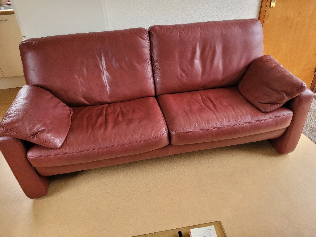Rood leren 2-zits bankstel, Huis en Inrichting, Ophalen, 150 tot 200 cm, Tweepersoons, Zo goed als nieuw