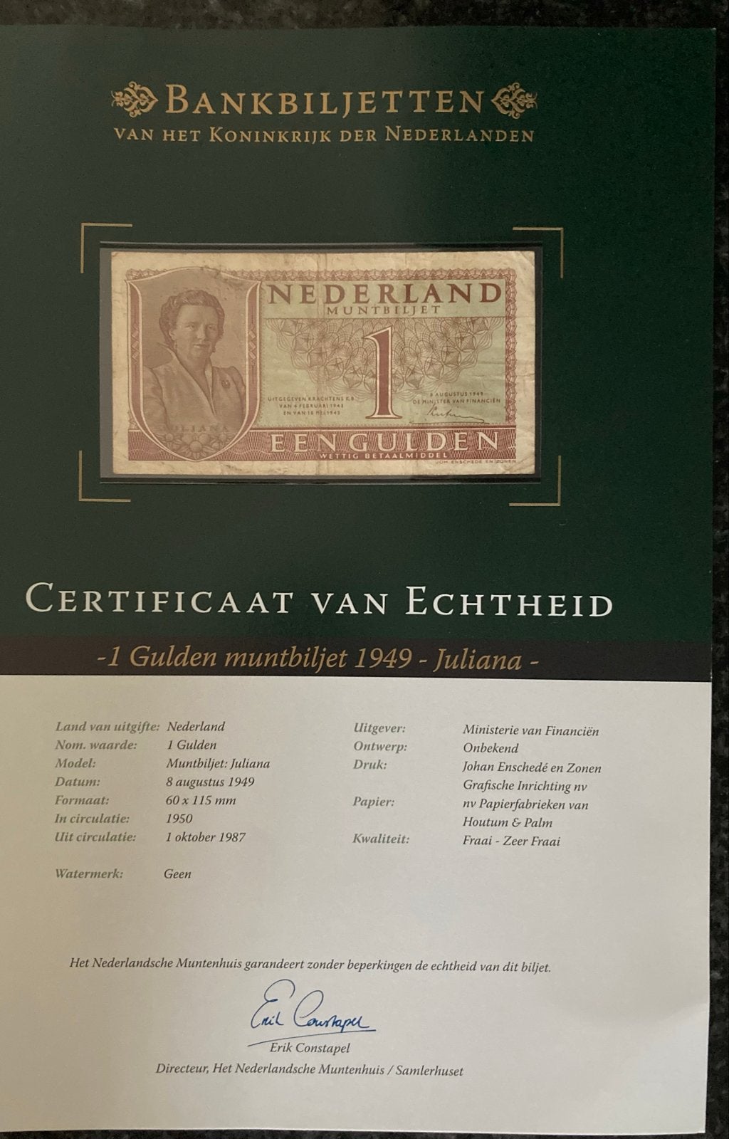 1 Gulden Muntbiljet 1949 Juliana met Certificaat, Postzegels en Munten, Ophalen of Verzenden, 1 gulden, Los biljet