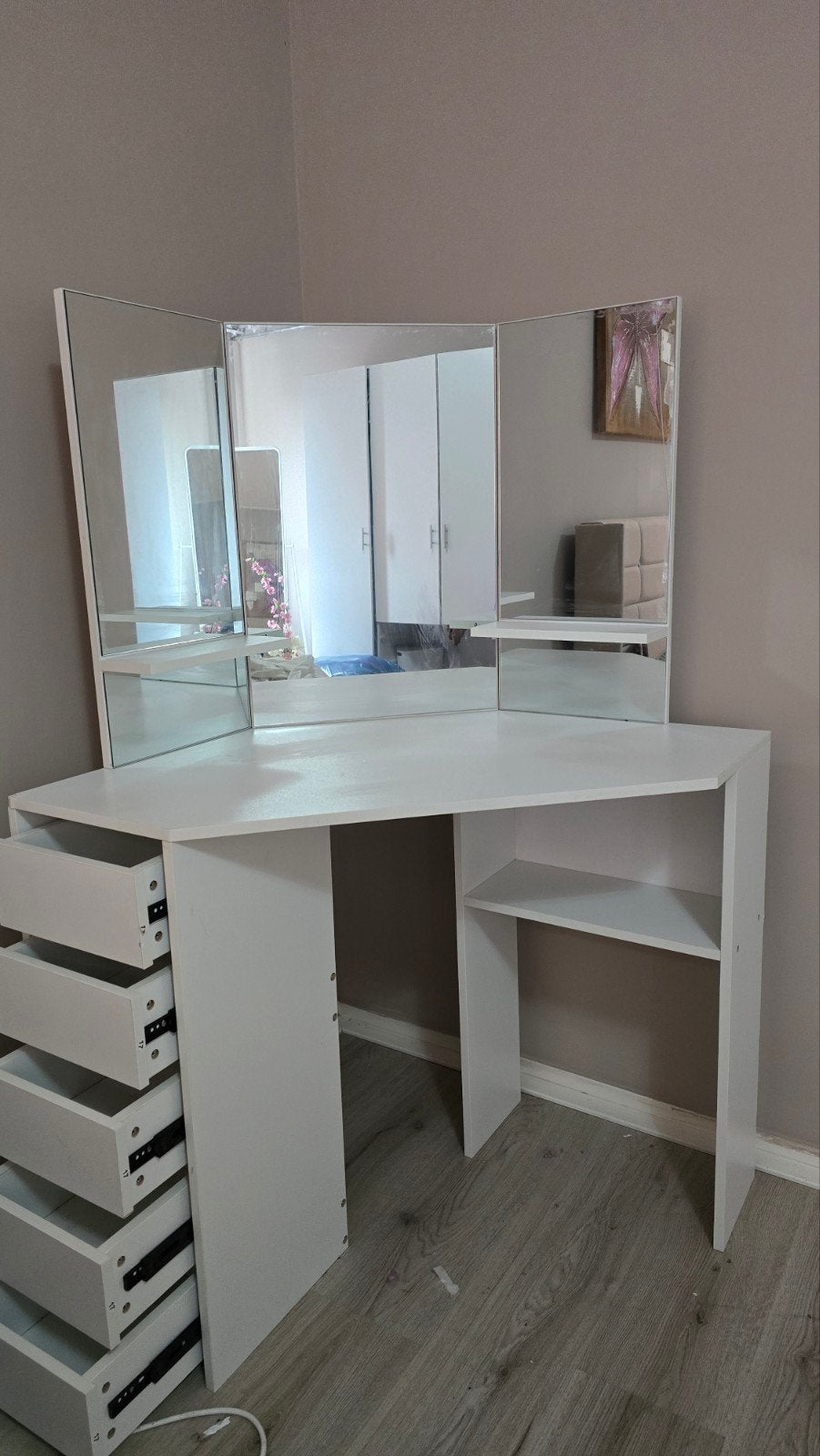 Witte Hoek Kaptafel met Spiegel en Lades, Ophalen, Gebruikt, 100 tot 150 cm, 100 tot 150 cm