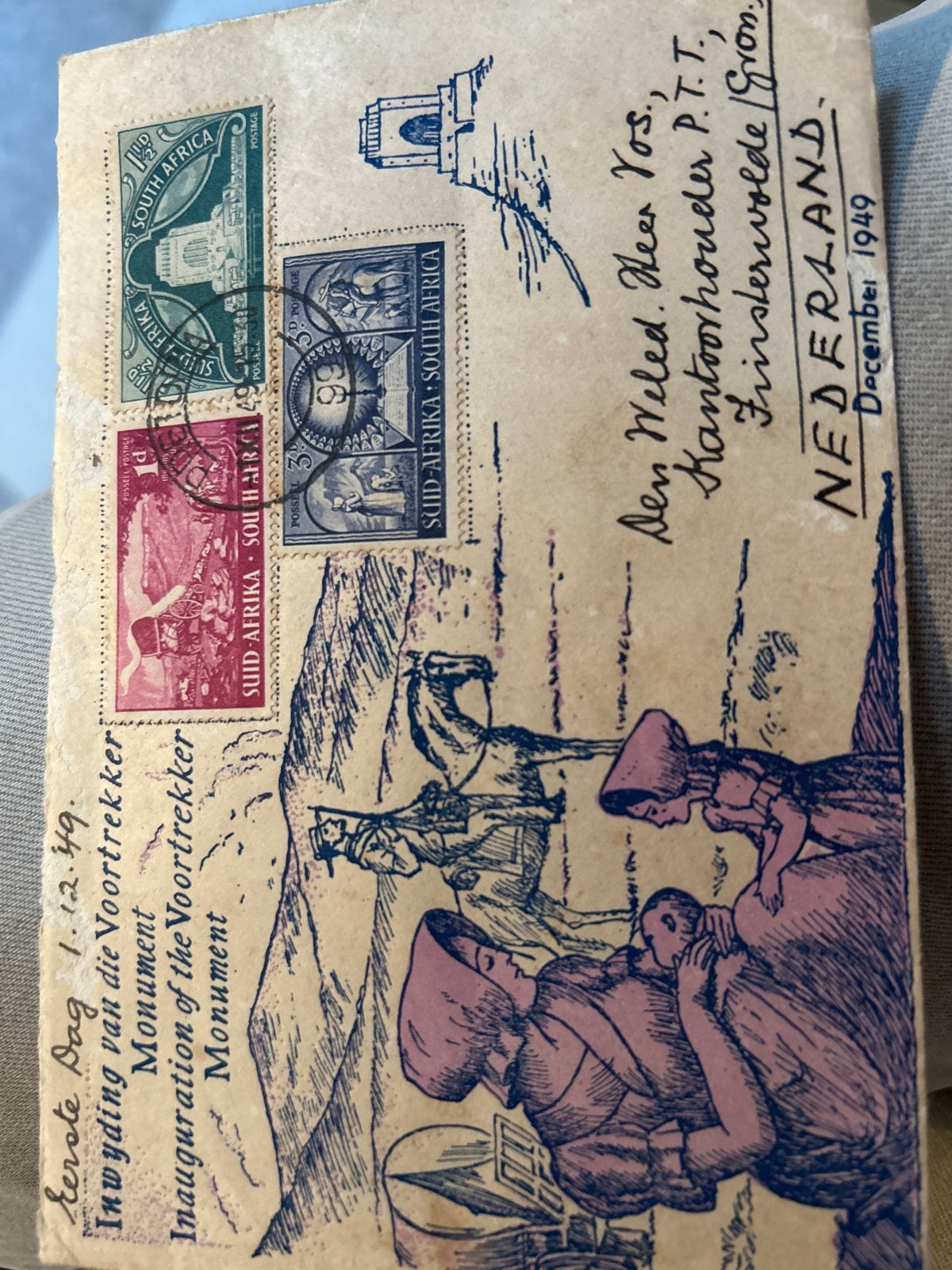 Zuid-Afrikaanse enveloppe 1949 - Voortrekker Monument, Postzegels en Munten, Ophalen of Verzenden, Envelop