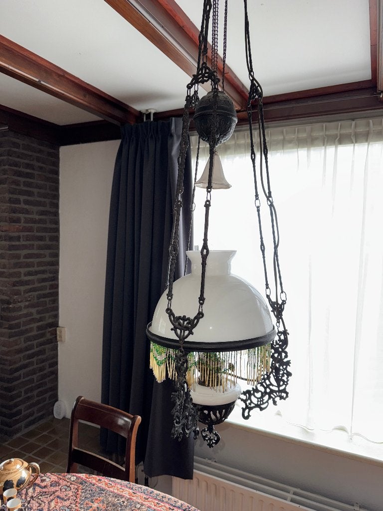Antieke geëlektrificeerde olielamp hanglamp, Ophalen of Verzenden, Gebruikt, Glas, Antiek klassiek