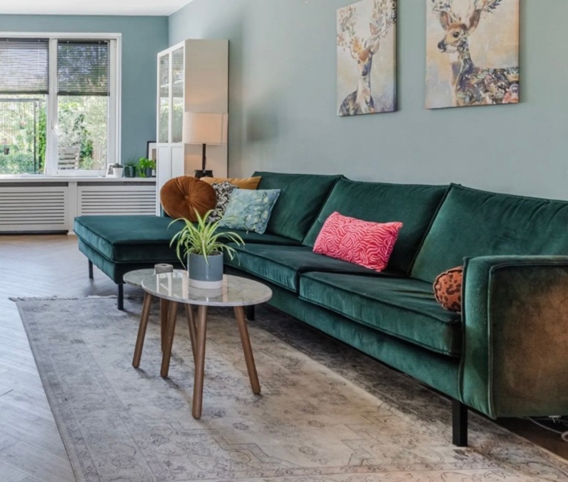 Donkergroene fluwelen hoekbank met chaise longue, Ophalen, Zo goed als nieuw, Vierpersoons of meer, Stof