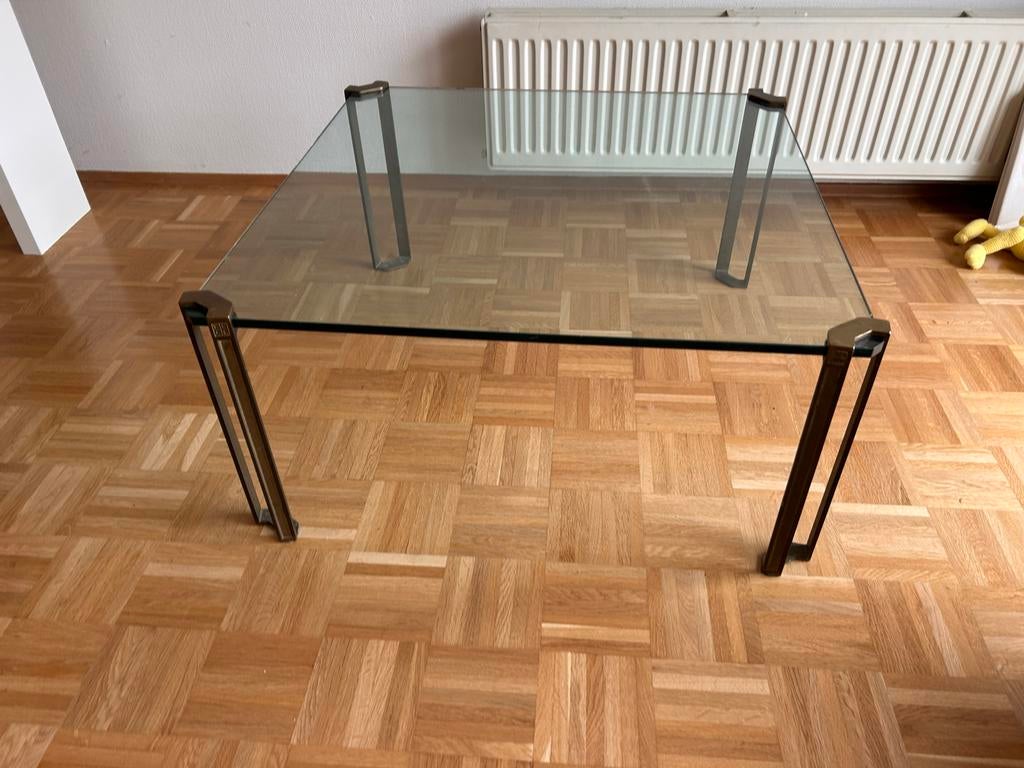 Ghyczy salontafel met glazen blad en messing onderstel, Huis en Inrichting, Tafels | Salontafels, Ophalen, Gebruikt, 50 tot 100 cm