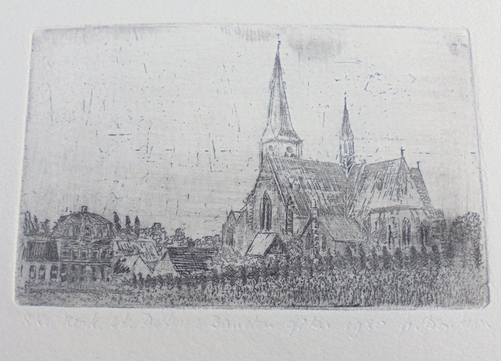 Zeldzame ets RK Kerk St Petrus Banden GILZE, 1920, Donkers., Ets, Stadsgezicht, 12 cm, 12 cm