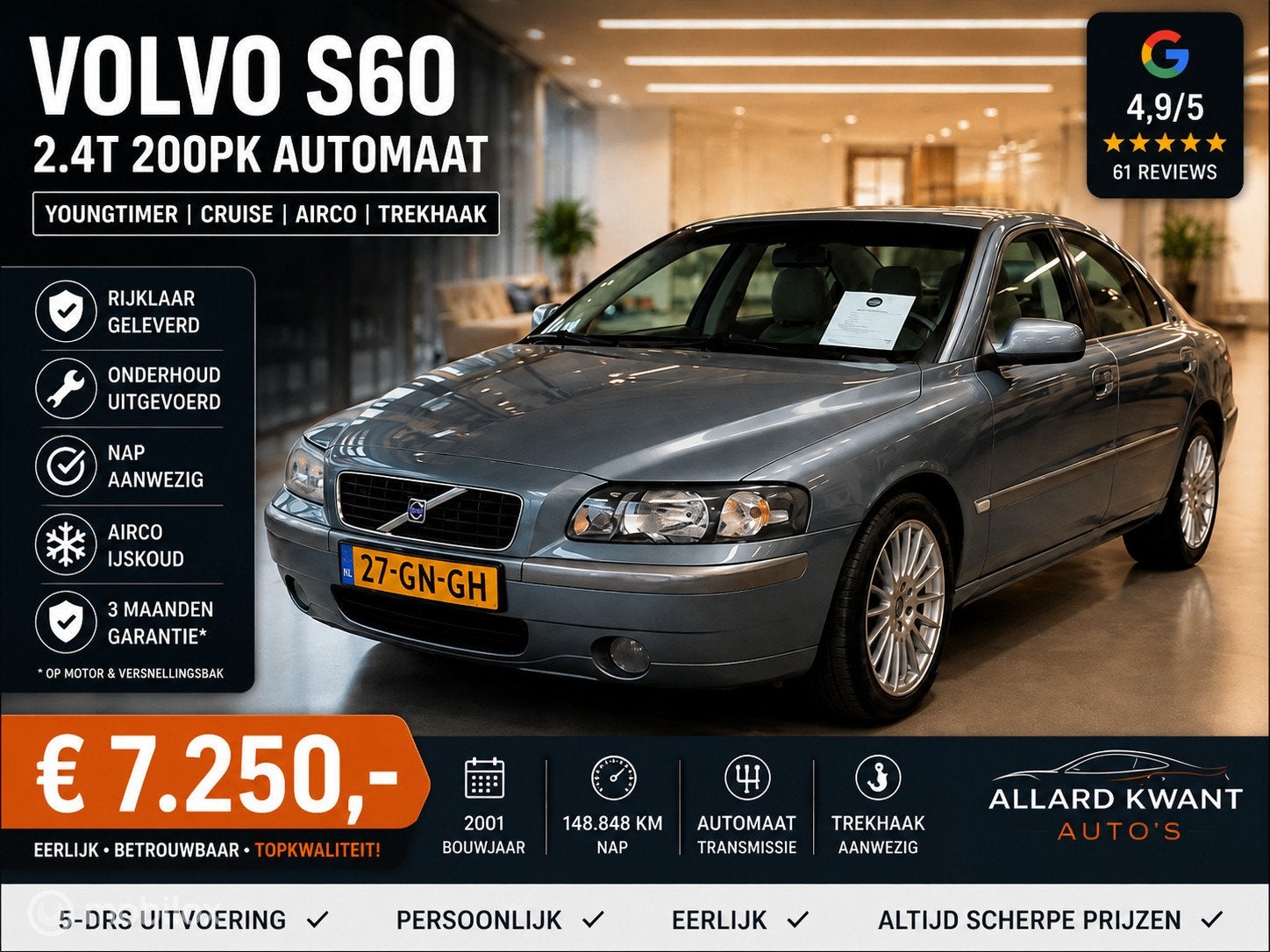 Volvo S60 2.4T 200pk 5-cilinder/Automaat/Youngtimer/148.dkm, Auto's, Gebruikt, Startonderbreker, S60, Bedrijf