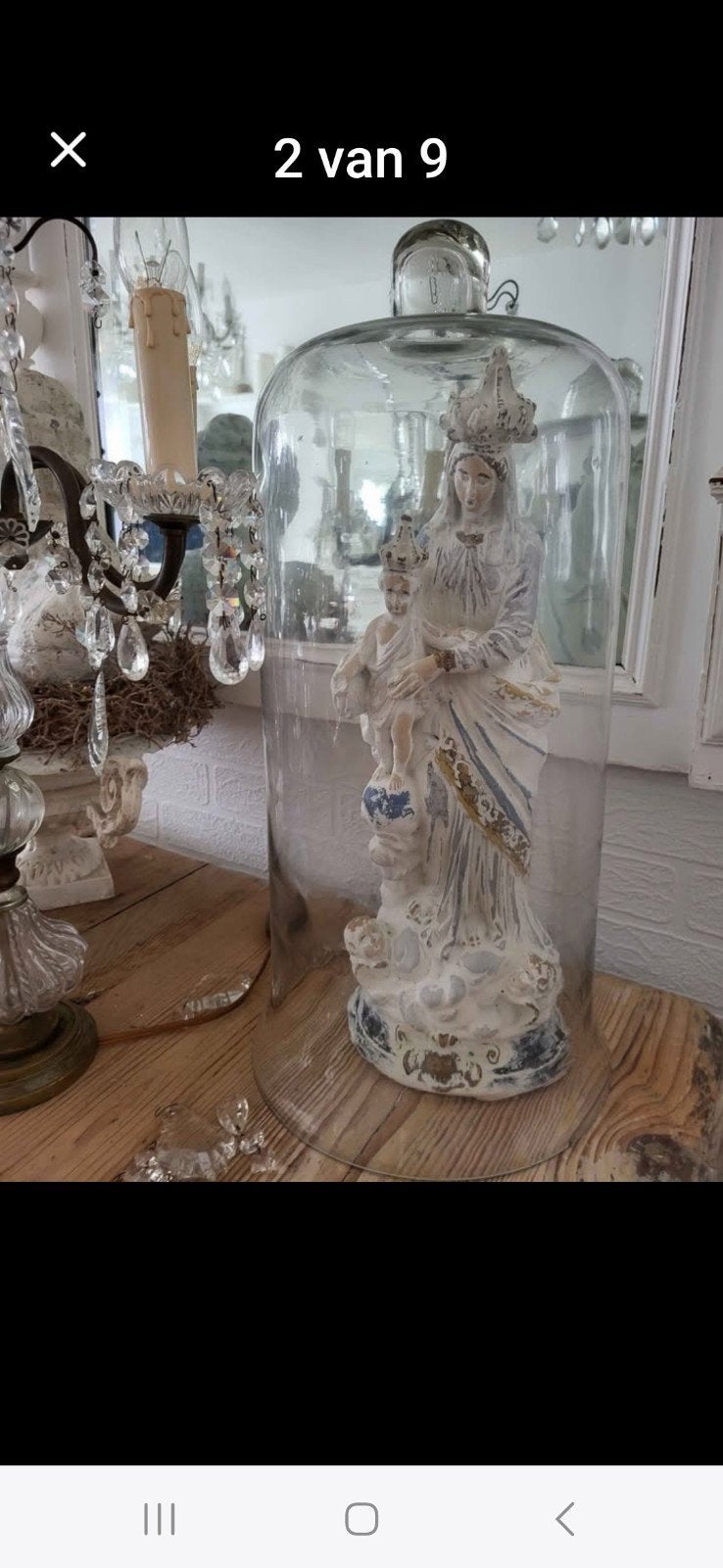 Antiek, brocante Mariabeeld met kindje Jezus onder stolp, Antiek en Kunst, Antiek | Religie, Ophalen of Verzenden