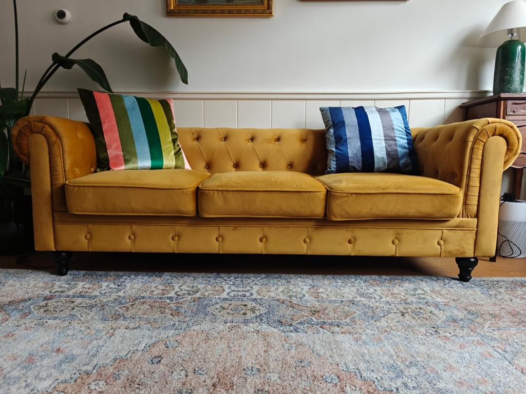 Gele Chesterfield bank - 3-zits fluweel, Ophalen, Chesterfield, Klassiek, Modern, Driepersoons, 75 tot 100 cm