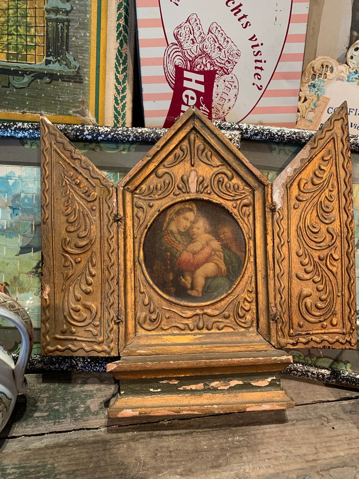 Antiek Reisaltaar Bois Doré met Religieuze Afbeelding, Antiek en Kunst, Antiek | Religie, Ophalen of Verzenden