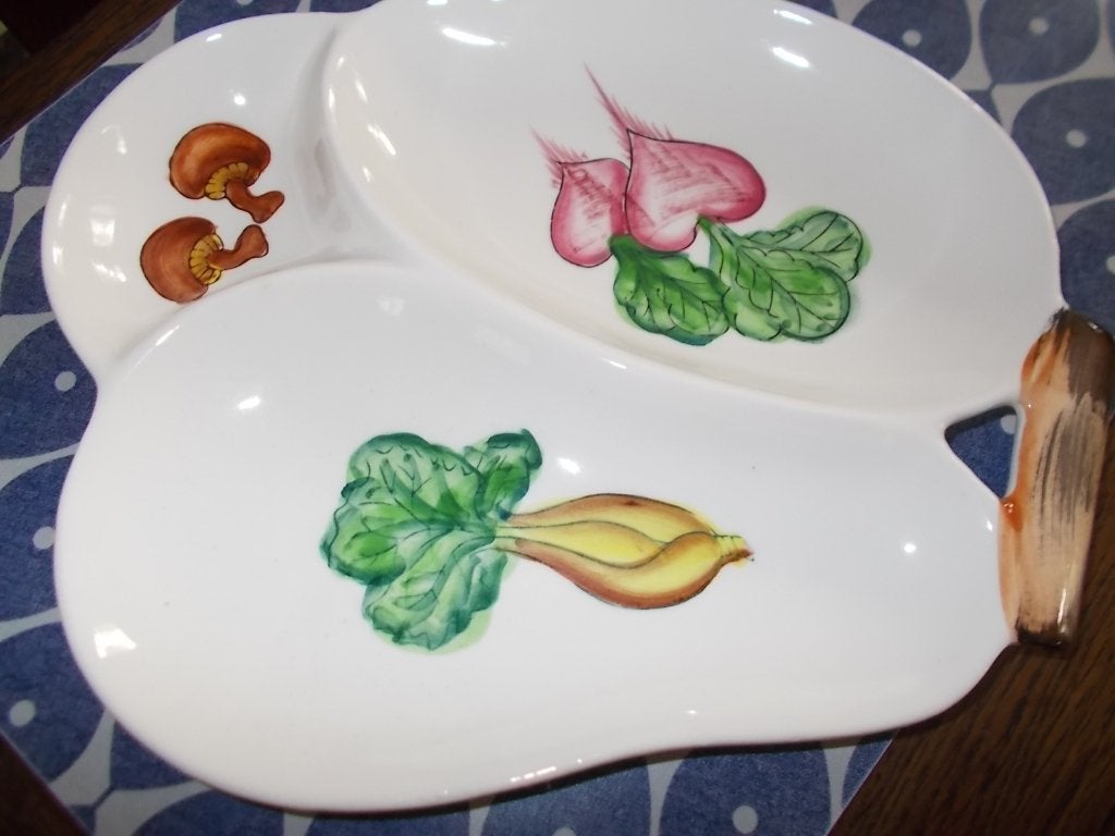 Vintage drie-vaks serveerschaal met groenten decor - 27,5 cm, Ophalen of Verzenden