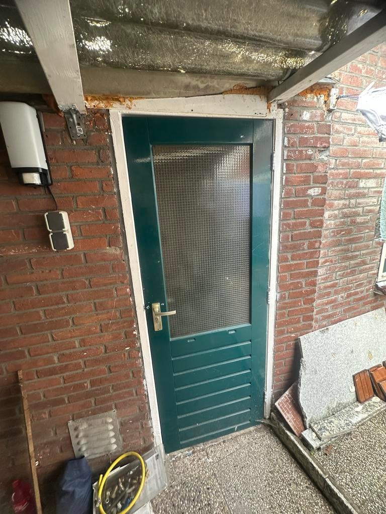 Hardhout schuurdeur met glas maat 197 bij 72,5 cm, Doe-het-zelf en Verbouw, Deuren en Horren, Gebruikt, Buitendeur, 200 tot 215 cm