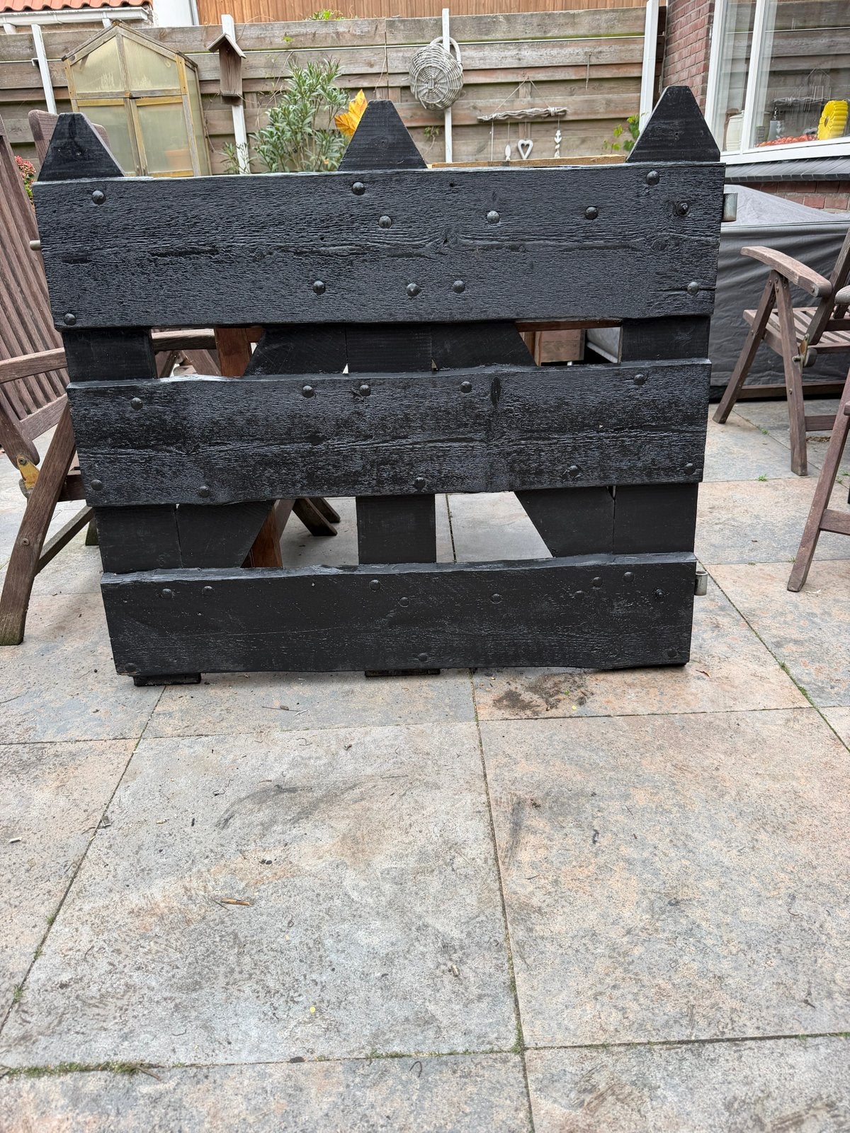 Zwart houten tuinpoort 140x100cm met beslag en duimen, Tuin en Terras, Ophalen, Met poort, Gebruikt, Tuinhek