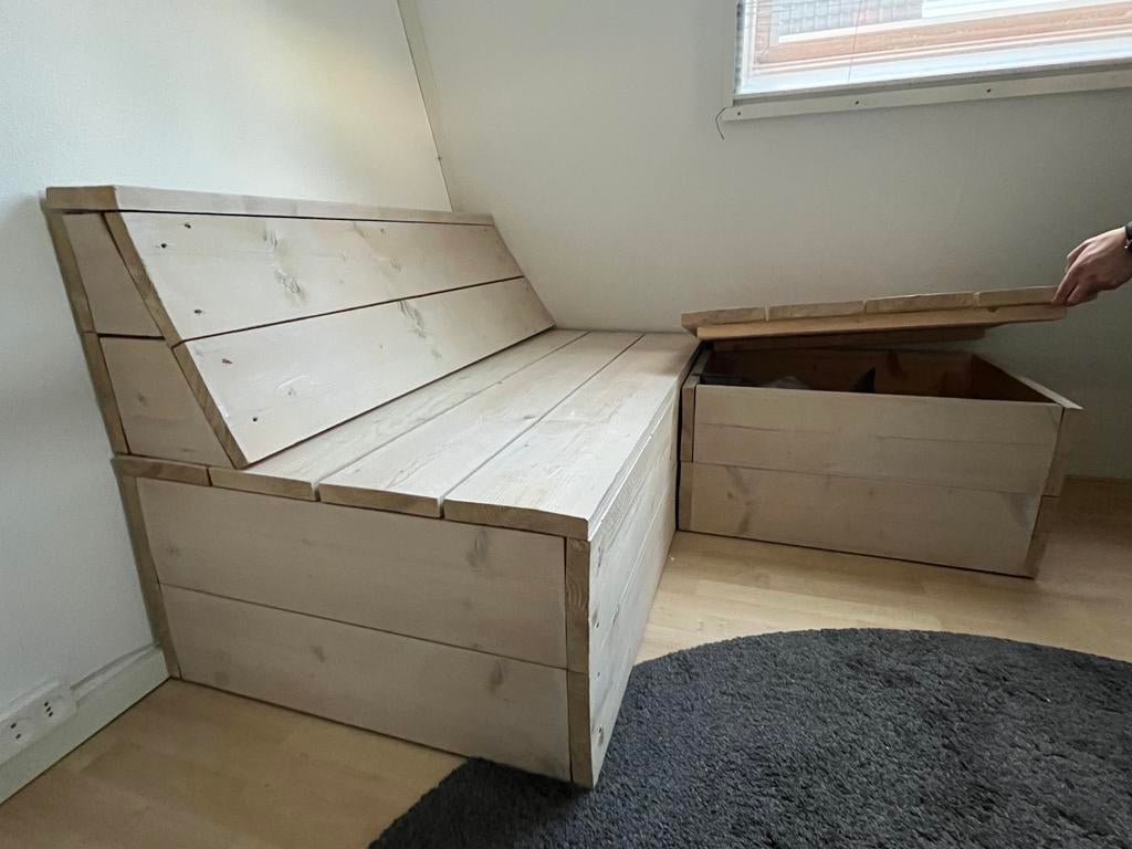 Steigerhout lounge hoekbankje - logeerbed - opbergkist, Ophalen, Eenpersoons, Steigerhout, Zo goed als nieuw
