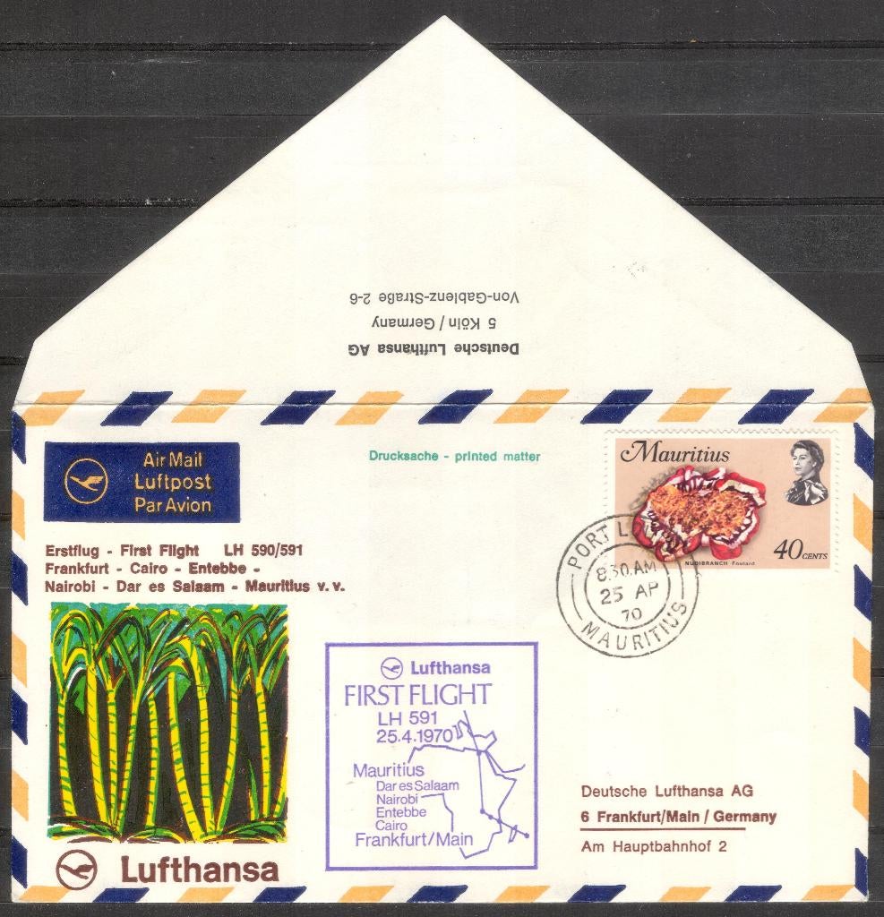 1e Lufthansa vlucht Frankfurt - Mauritius v.v. 1970, Verzenden, Envelop