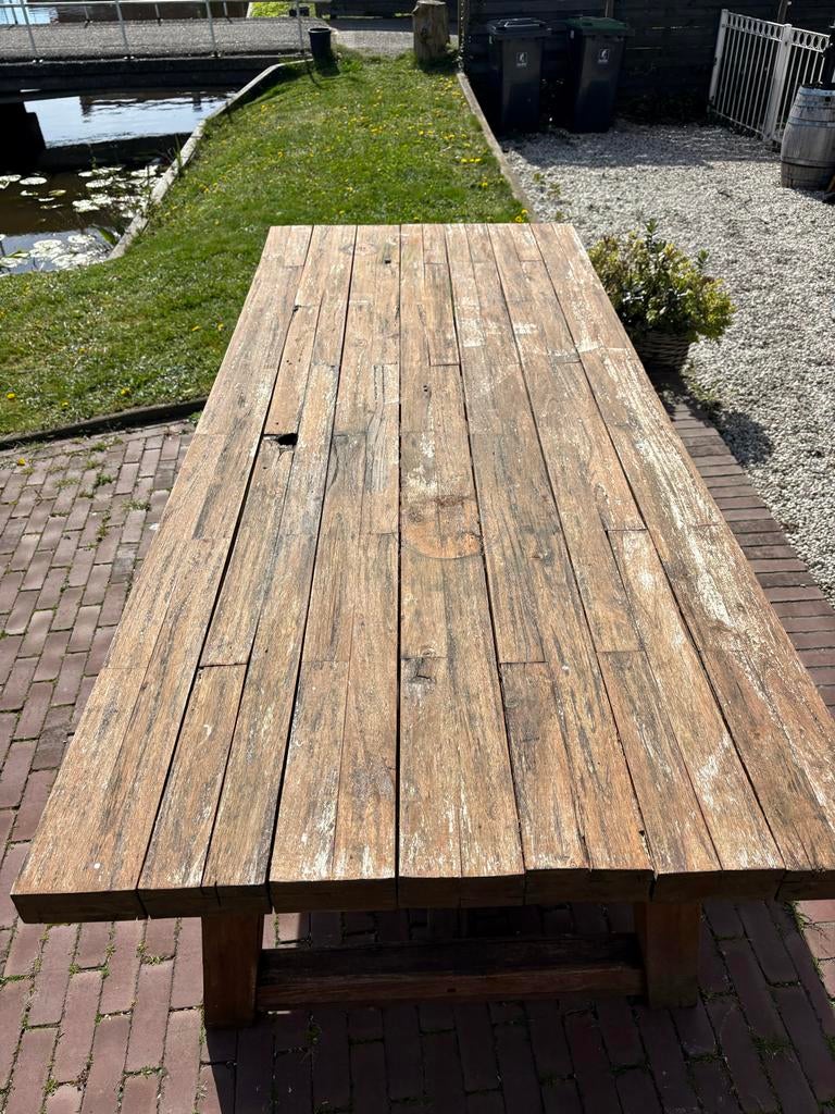 Robuuste houten tuintafel (2.50x1.10m) met 3 stoelen, Tuin en Terras, Tuintafels, Ophalen of Verzenden, Gebruikt, Rechthoekig