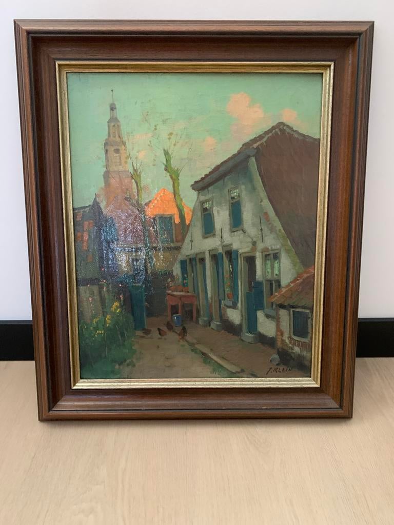 Mooi olieverfschilderij J. Klein - Dorpsgezicht met kerk, Antiek en Kunst, Kunst | Schilderijen | Klassiek, Ophalen