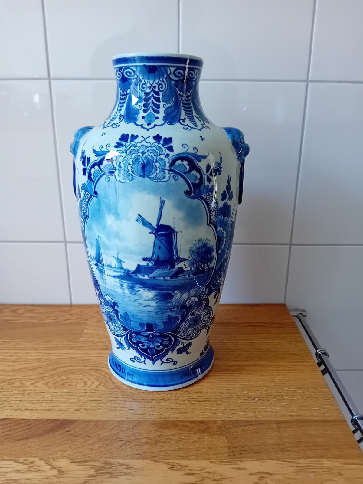 PORCELEYNE FLES VAAS MOLEN MOTIEF DELFTS BLAUW  RESTAURATIE, Ophalen of Verzenden