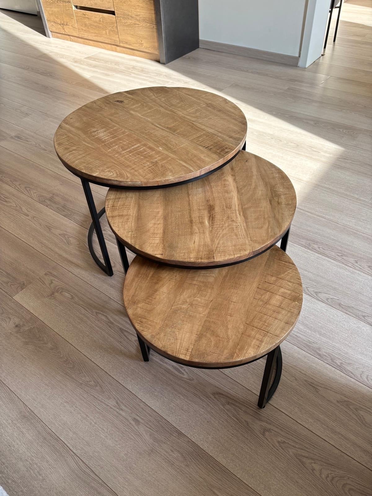 Set van 3 ronde salontafels van mangohout en metaal, Ophalen, Rond, 50 tot 100 cm, Zo goed als nieuw