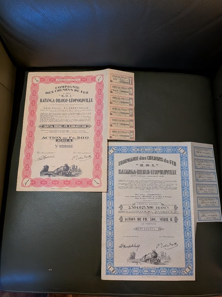 2 antiquarische aandelen spoorwegen Belgisch Congo 1952, Ophalen of Verzenden, 1950 tot 1970, Aandeel