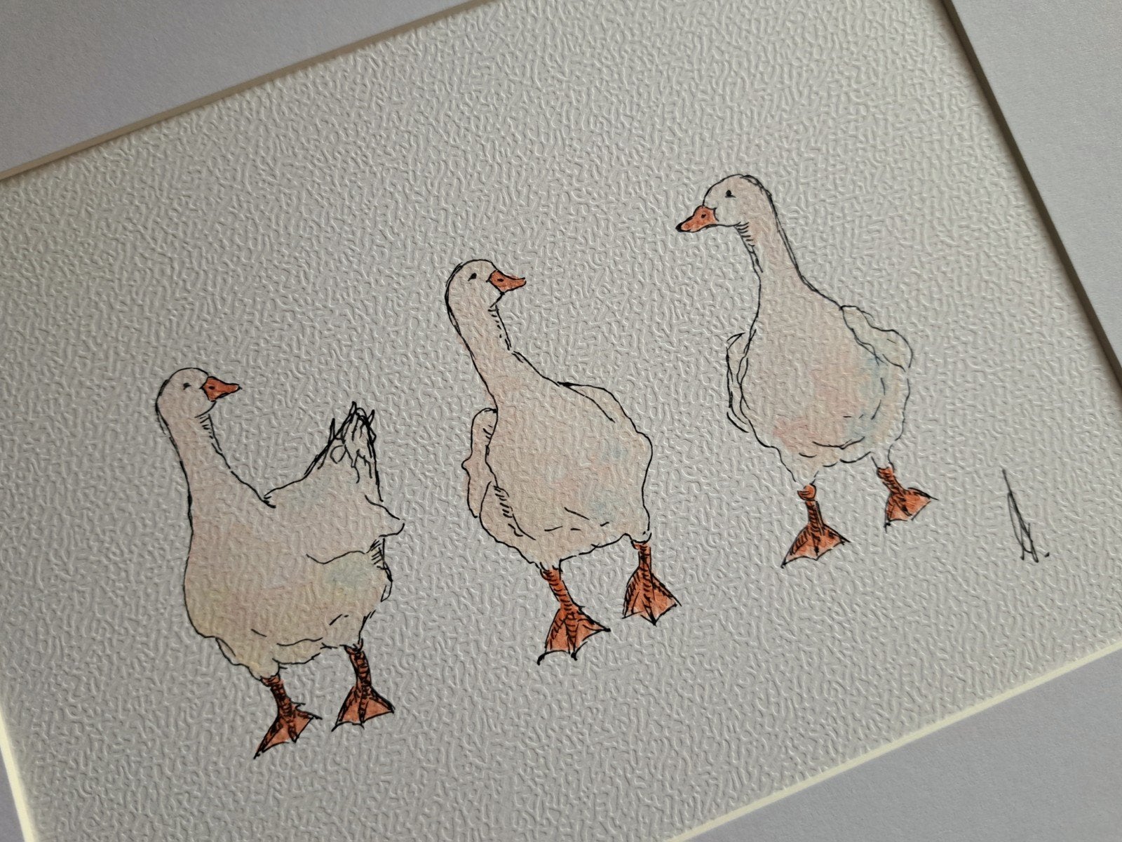 Origineel aquarel drie kleine ganzen | Exclusief lijst frame, 25 cm, Nieuw, 20 cm, Goud