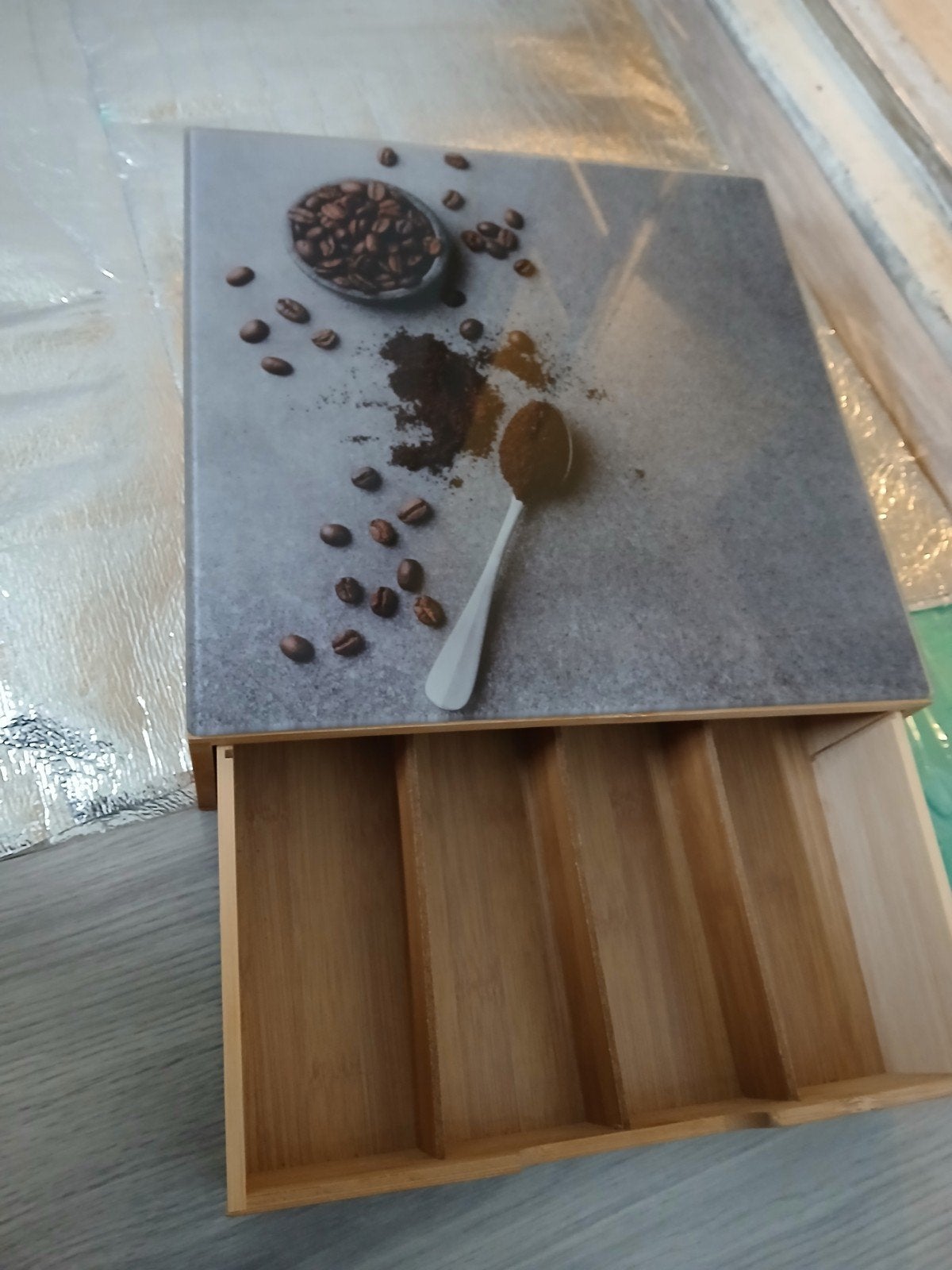 Koffiepadhouder met lade - Bamboe en tegelprint, Hout, Ophalen of Verzenden, Bruin, Overige typen