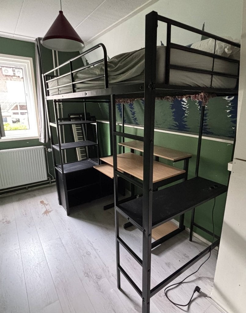 Metalen mezzaninebed 90x200cm - met bureau + USB Zwart, Ophalen, Eenpersoons, 160 tot 180 cm, Zo goed als nieuw