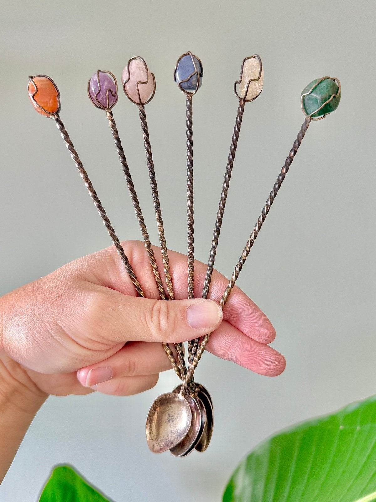 6 vintage verzilverde lepels koffielepels halfedelstenen, Ophalen of Verzenden