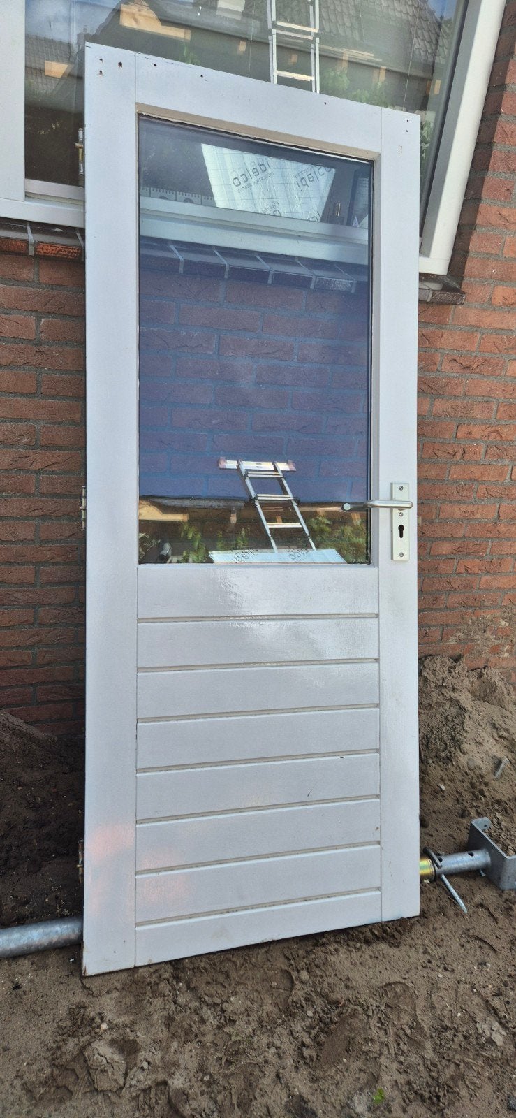Massief houten buitendeur 83 x 201 cm. Groen/wit, groot glas, Ophalen, Gebruikt, 80 tot 100 cm, Buitendeur