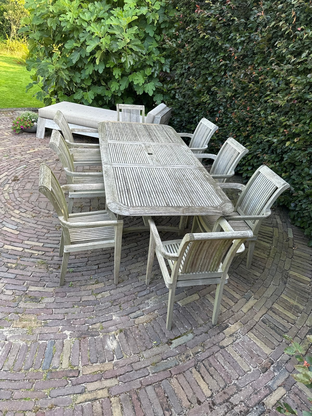 Houten tuinset met tafel en stoelen, Ophalen, Gebruikt, Eettafel, 6 zitplaatsen