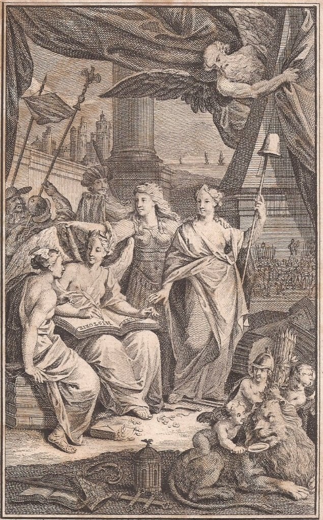 Frontispice Titelprent Jan Wagenaar Vaderl. Historie 1749, 17 cm, Mythologie, Ophalen of Verzenden, 10 cm