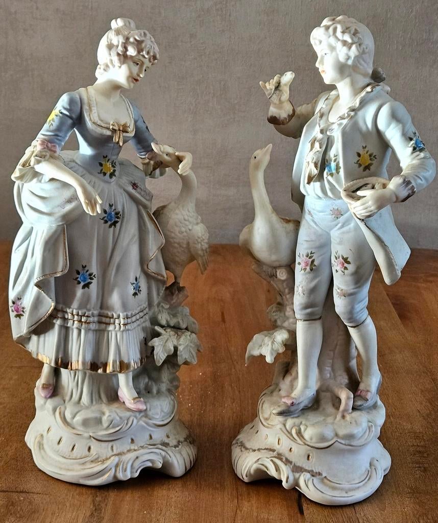 Vintage Porseleinen Beeldjes: Herder en Herderin met Ganzen, Ophalen of Verzenden