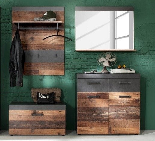 Garderobeset Indy: paneel, spiegel, kast en bank, Zo goed als nieuw, 150 tot 200 cm, Hout, Ophalen