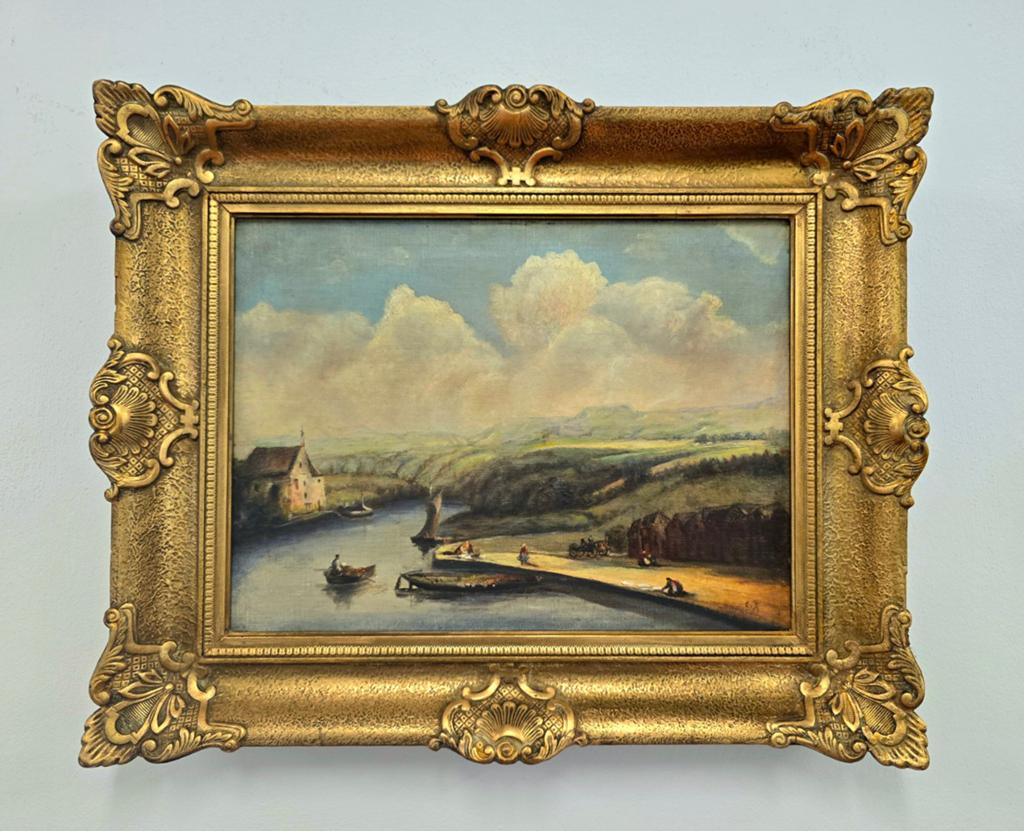 FRANS OLIEVERFSCHILDERIJ gesigneerd E.B. 19de eeuw landschap, Ophalen of Verzenden