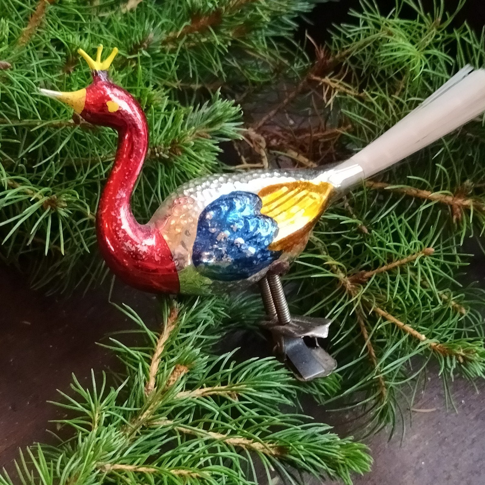 antieke kerstbal pauw met kroontje., Diversen, Ophalen of Verzenden