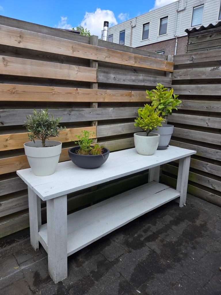 Steigerhouten sidetable tuin wit
200x59x74 cm, Tuin en Terras, Ophalen, Gebruikt, Rechthoekig, Hout
