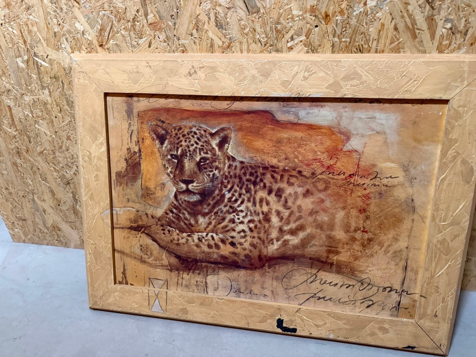 Schilderij met luipaard - Moderne kunst, Antiek en Kunst, Kunst | Schilderijen | Modern, Hout, Ophalen of Verzenden, Gemengde techniek