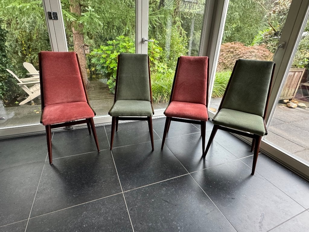 Vintage Deense Mid-Century Eetkamerstoelen Teak (4 stuks), Ophalen, Hout, Gebruikt, Overige kleuren