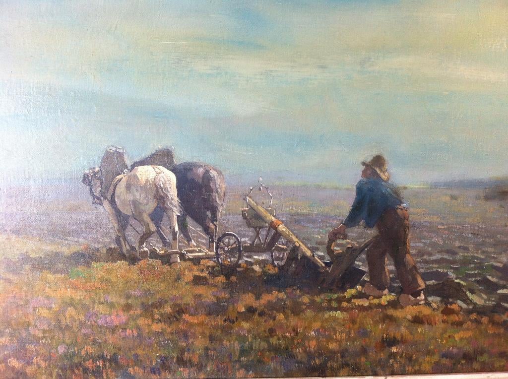 Jan Knikker Junior Jr Schilderij Boer Paard Akker Landschap, Antiek en Kunst, Ophalen of Verzenden
