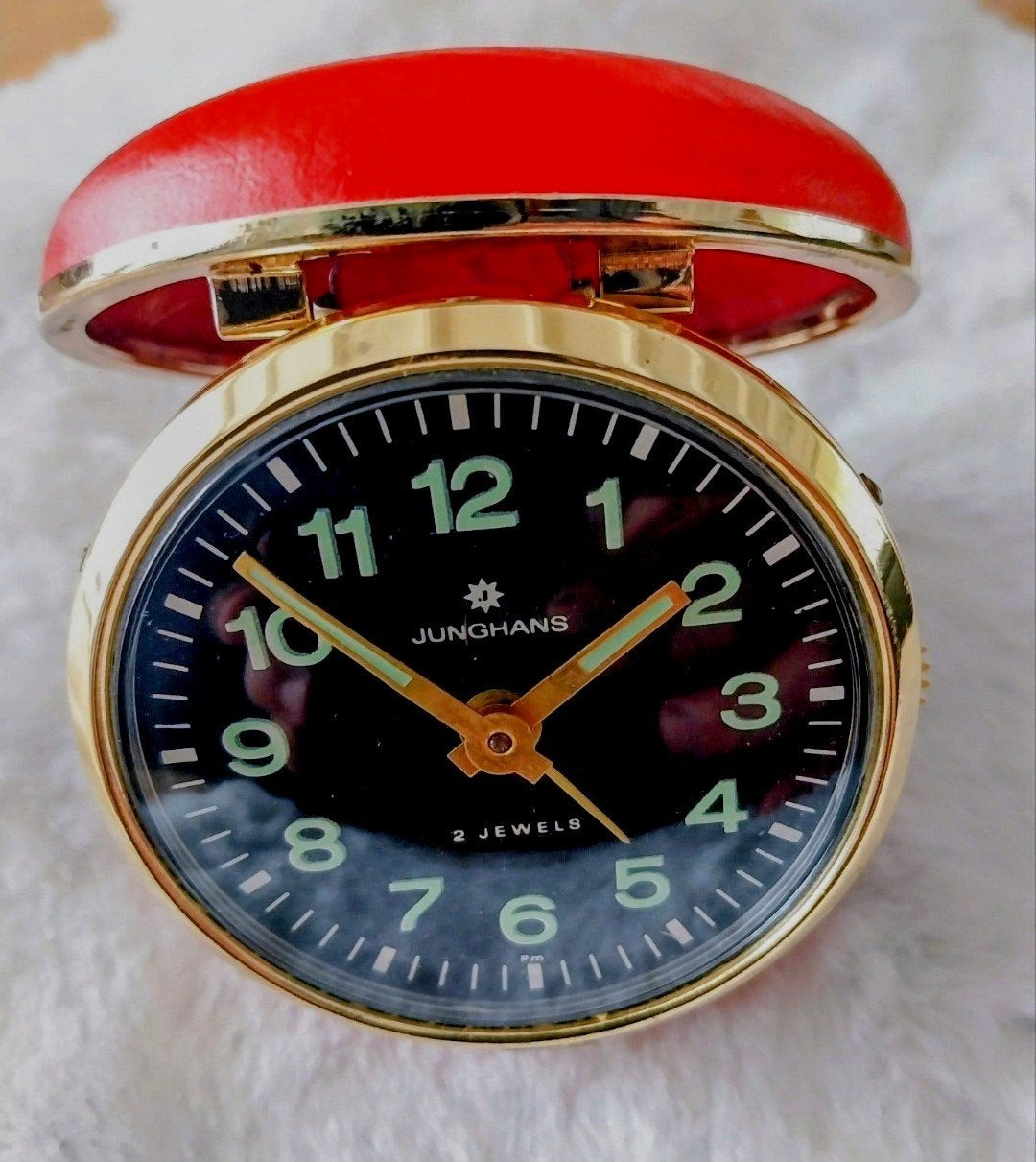 Vintage Junghans Reiswekker in Rode Leren Hoes Prima Con, Ophalen of Verzenden