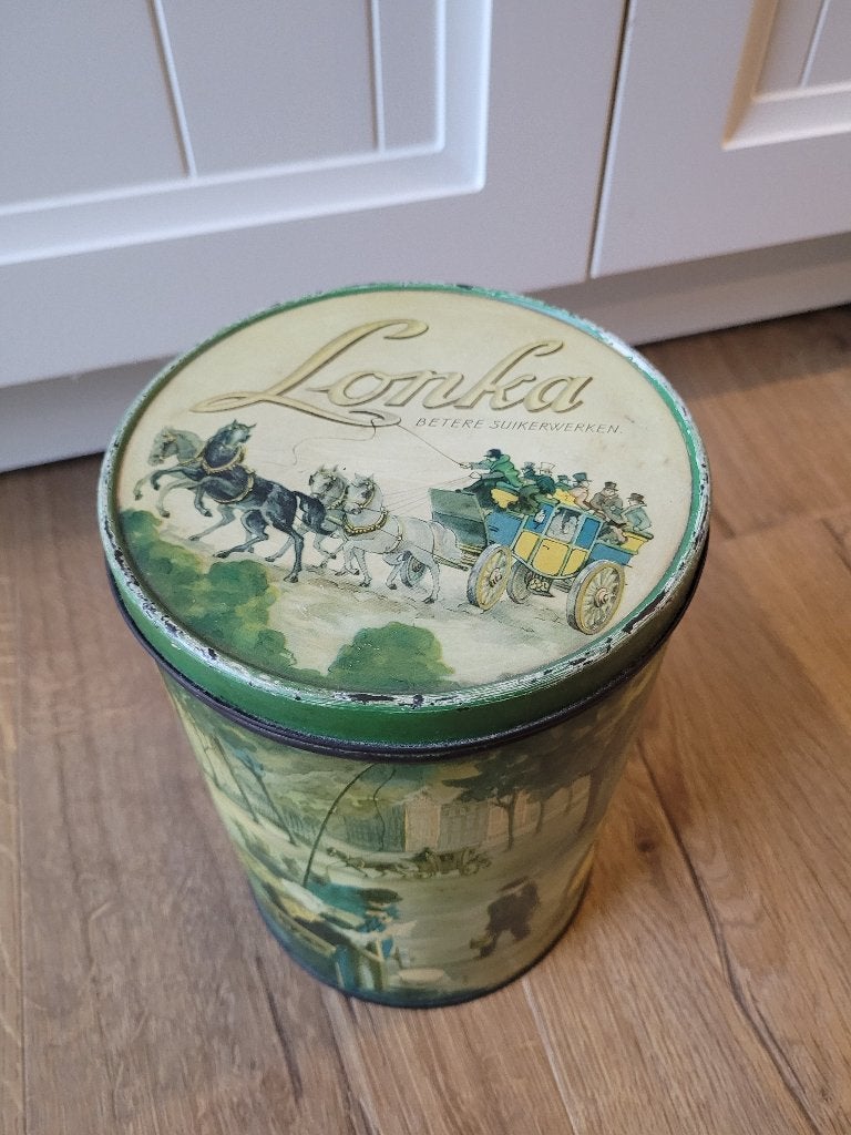 Groot vintage Lonka betere suikerwerken blik H 23 x D 15 cm, Verzamelen, Ophalen of Verzenden, Gebruikt, Suiker, Overige merken
