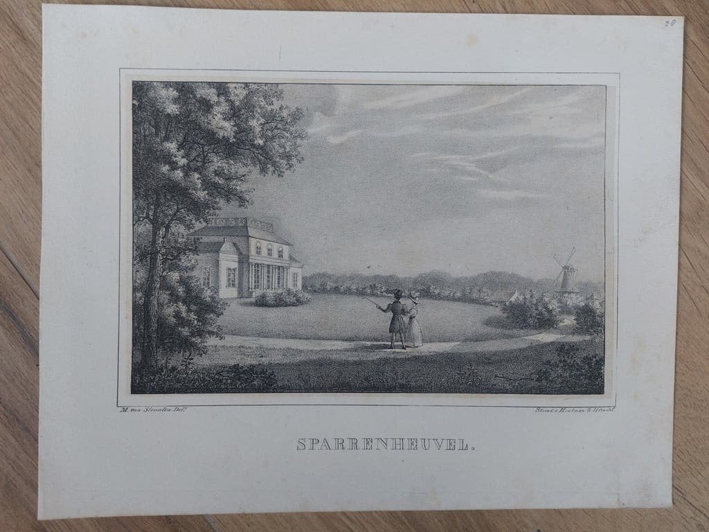28 Sparrenheuvel in Zeist - Originele steendruk uit 1829, Gesigneerd in de plaat, Ophalen of Verzenden, Landschappen, Lithografie