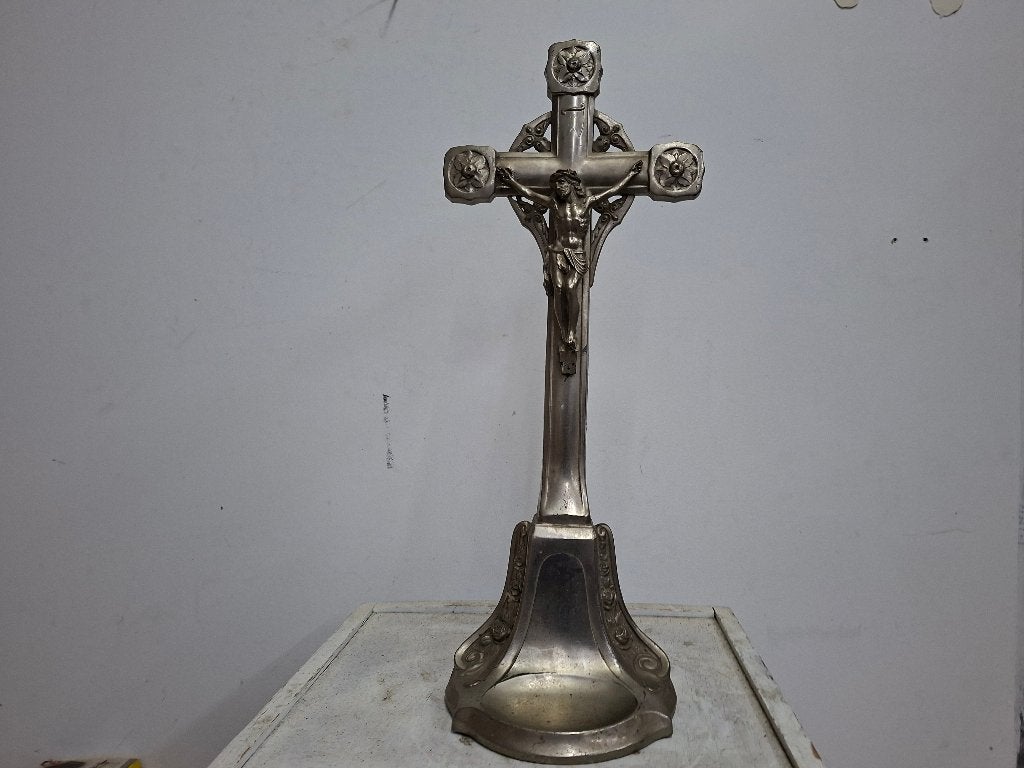antiek staand tinnen kruisbeeld, Ophalen of Verzenden, Gebruikt, Beeld(je)