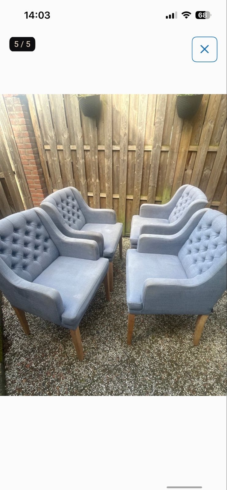 Set van 4 lichtblauwe gestoffeerde stoelen met knopen, Ophalen, Gebruikt, Blauw, Vijf, Zes of meer stoelen